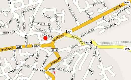 Town map of Cupar - the red dot marks the Club